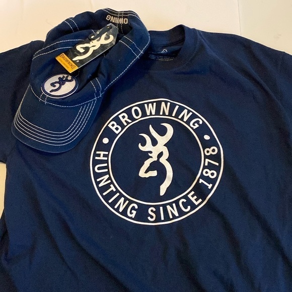 Browning hunting, short sleeve, T-shirt, size M navy blue with hat one size - Picture 1 of 7